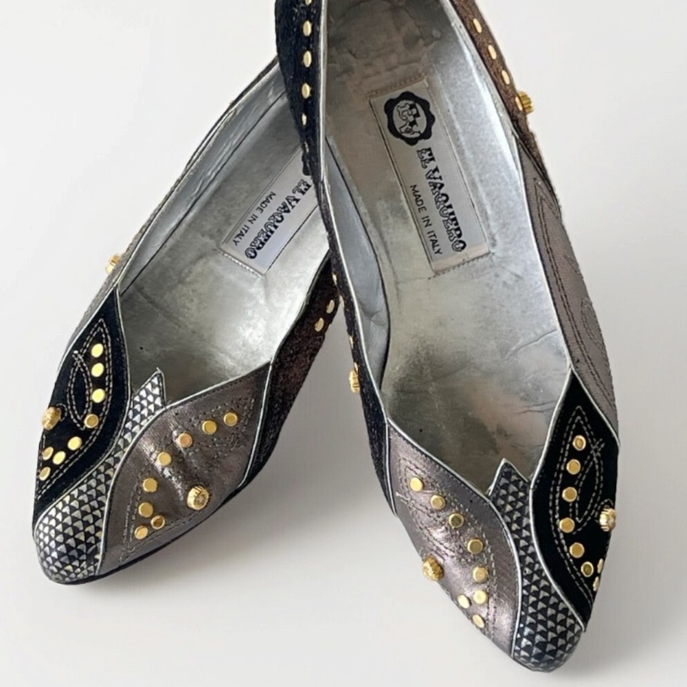 El Vaquero Vintage Italian Black Silver Stud Flats Shoes Size EU 37 / US 7